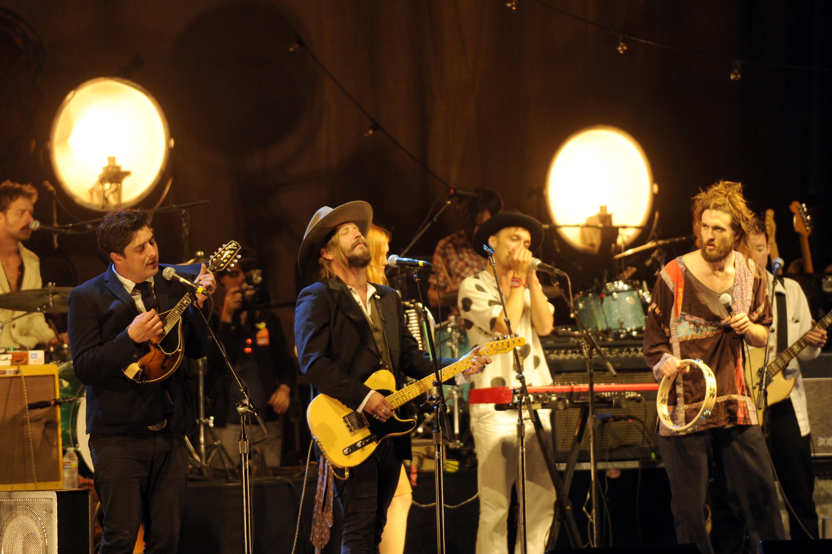 Marcus Mumford and Alex Ebert and Edward Sharpe and the Magnetic Zeroes perform as part of the Railroad Revival Tour at San Pedro Port of Call on April 22, 2011 in San Pedro, California.