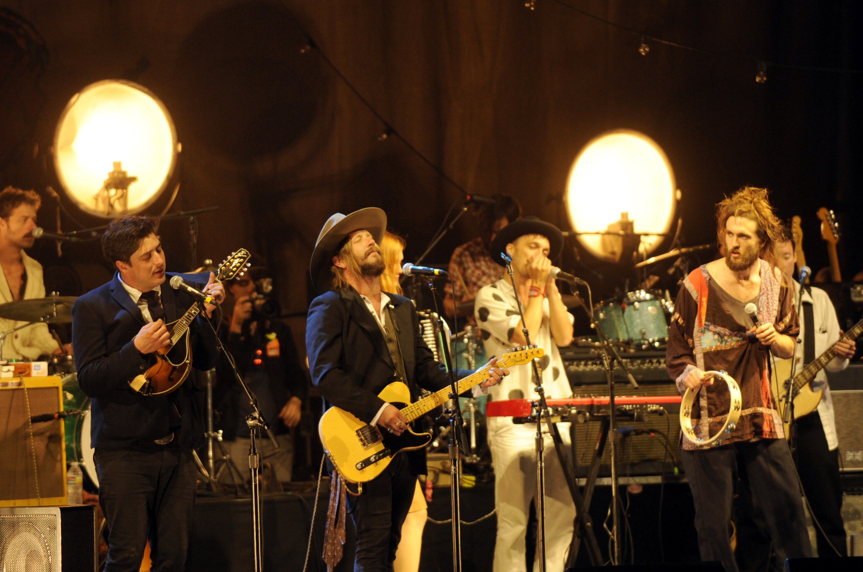 Marcus Mumford and Alex Ebert and Edward Sharpe and the Magnetic Zeroes perform as part of the Railroad Revival Tour at San Pedro Port of Call on April 22, 2011 in San Pedro, California.