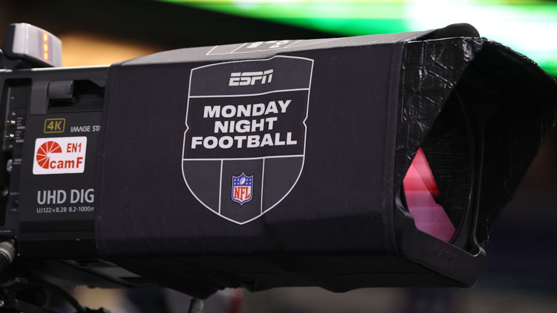 A ESPN Monday Night Football television camera prior to an NFL football game between the Los Angeles Chargers and the Indianapolis Colts at Lucas Oil Stadium on December 26, 2022 in Indianapolis, Indiana.