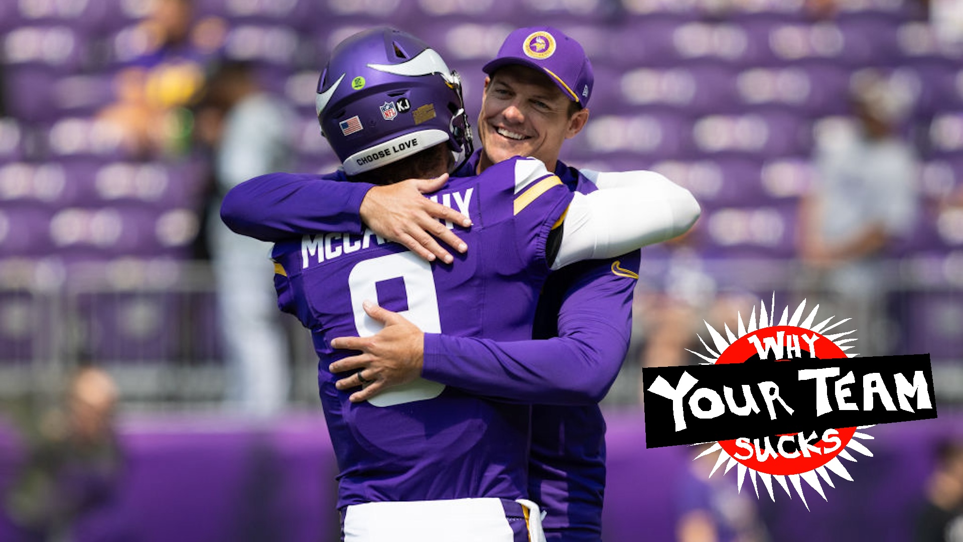 Minnesota Vikings quarterback J.J. McCarthy (9) hugs head coach Kevin O'Connell before the NFL preseason game between the Las Vegas Raiders and the Minnesota Vikings on August 10, 2024, at U.S. Bank Stadium in Minneapolis, MN.