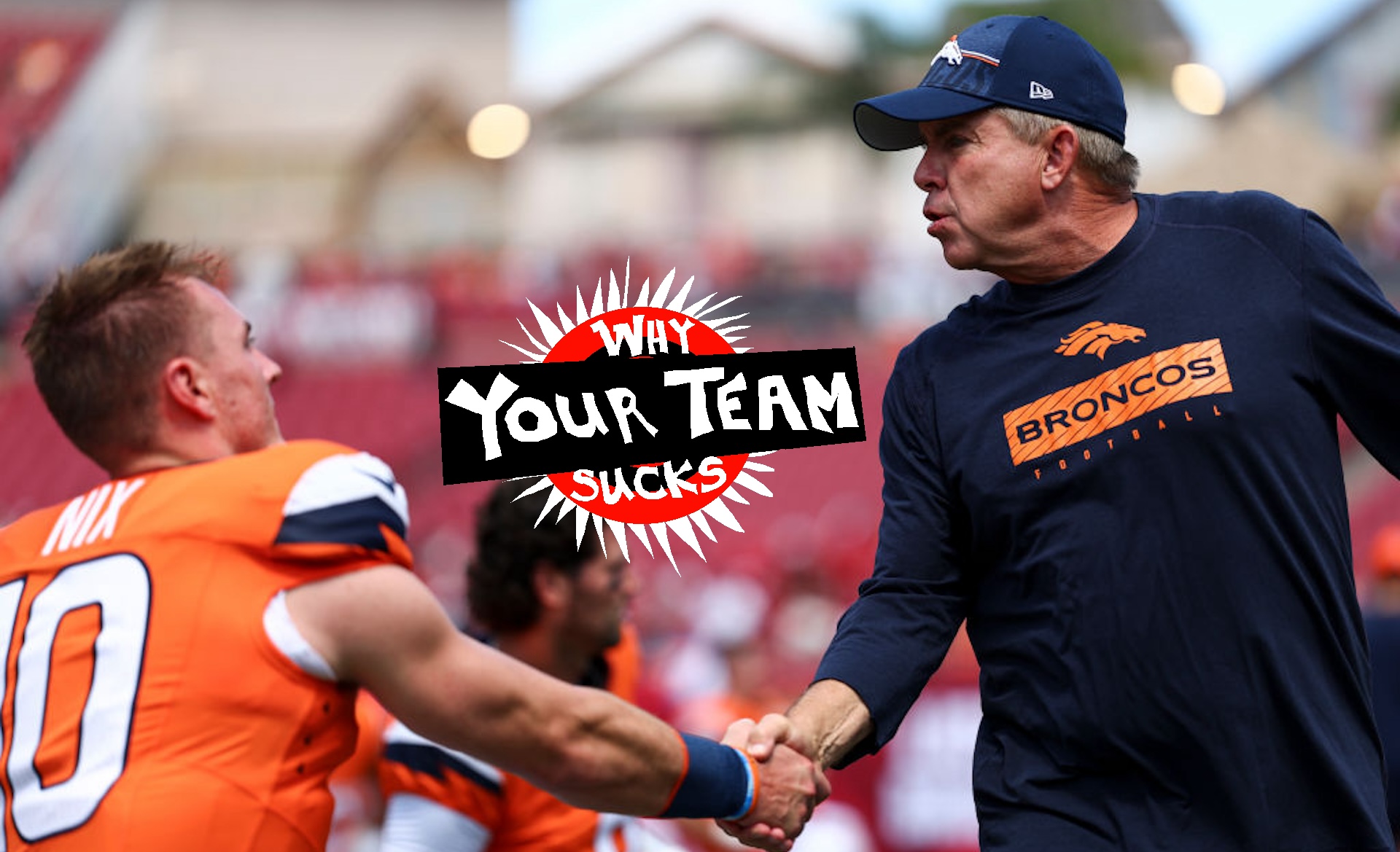 Head coach Sean Payton of the Denver Broncos shakes hands with Bo Nix #10 prior to an NFL football game against the Tampa Bay Buccaneers at Raymond James Stadium on September 22, 2024 in Tampa, Florida.