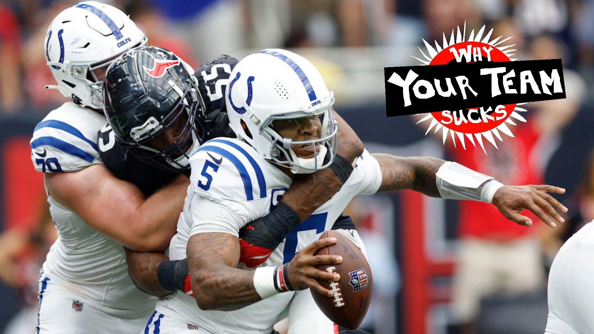 Anthony Richardson #5 of the Indianapolis Colts is sacked by Danielle Hunter #55 of the Houston Texans during the fourth quarter at NRG Stadium on October 27, 2024 in Houston, Texas.