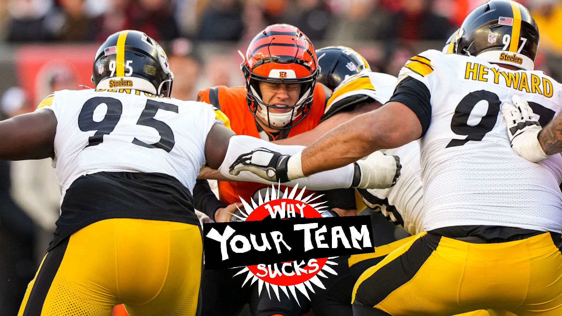 Quarterback Joe Burrow #9 of the Cincinnati Bengals gets sacked during the second half of an NFL football game against the Pittsburgh Steelers, at Paycor Stadium on December 1, 2024 in Cincinnati, Ohio.