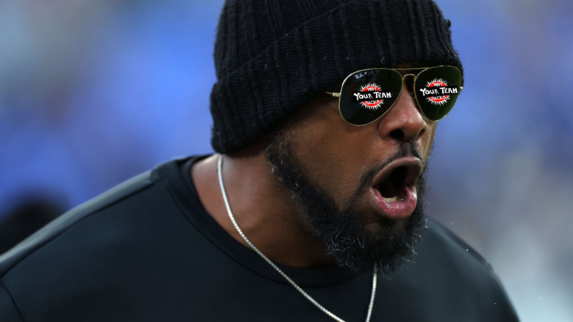 Head coach Mike Tomlin of the Pittsburgh Steelers yells during warmups before the game against the Baltimore Ravens at M&amp;T Bank Stadium on December 21, 2024 in Baltimore, Maryland.