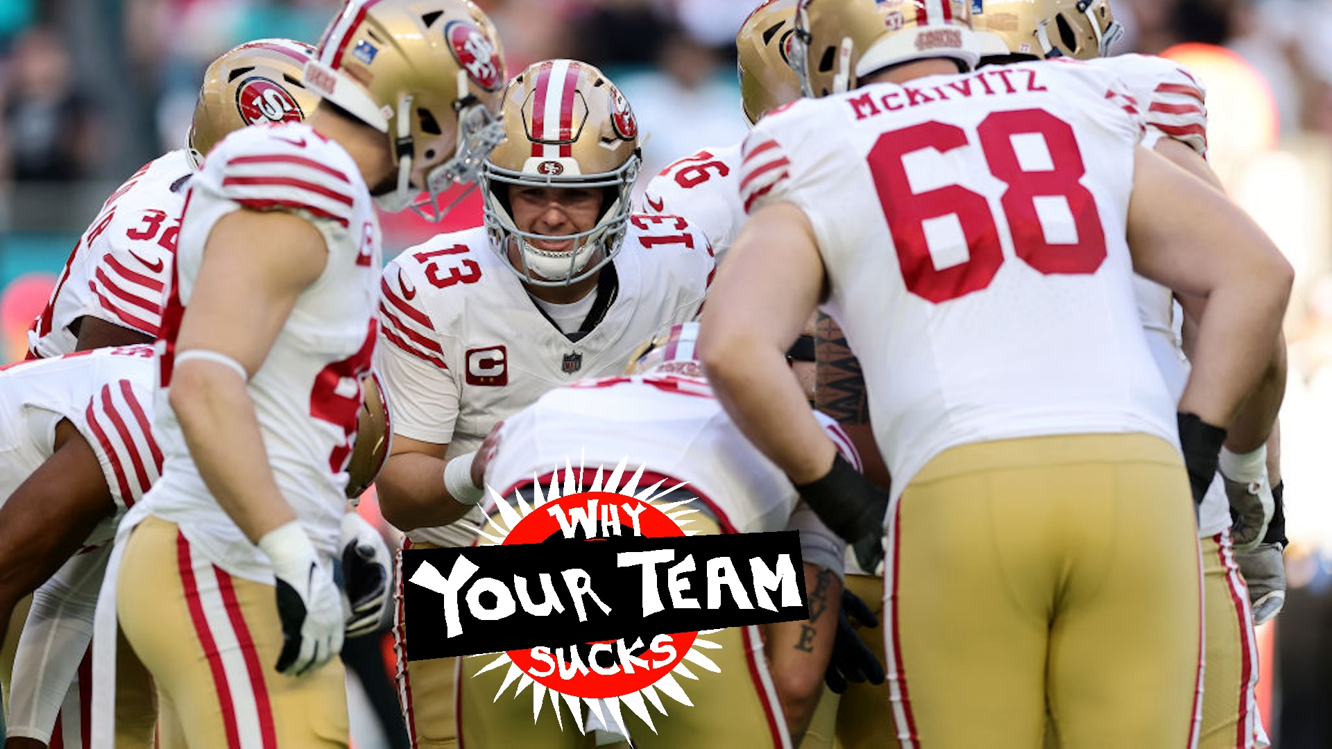 Brock Purdy #13 of the San Francisco 49ers calls a play in a huddle with teammates during the first quarter against the Miami Dolphins at Hard Rock Stadium on December 22, 2024 in Miami Gardens, Florida.