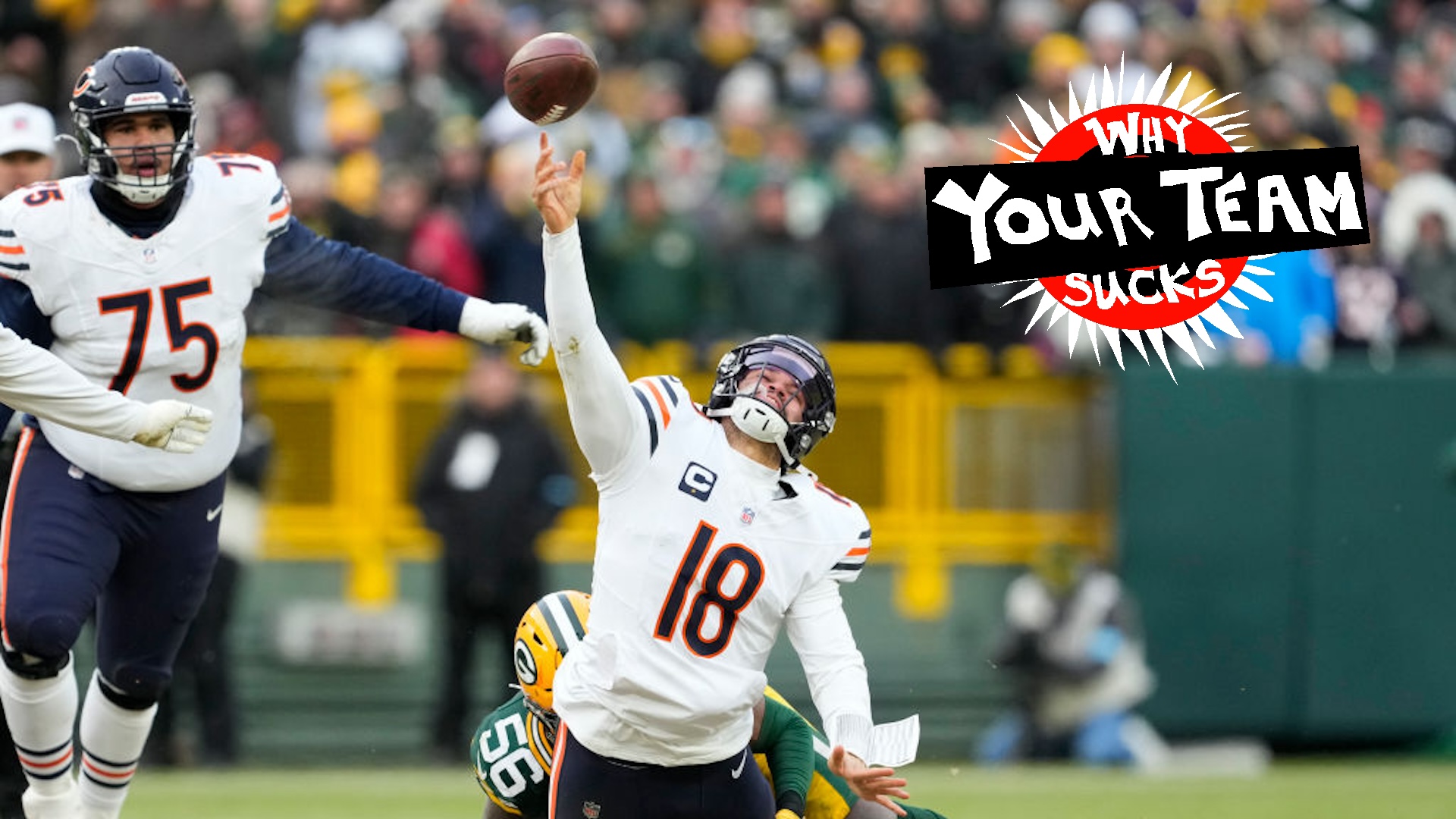 Caleb Williams #18 of the Chicago Bears throws a pass while being tackled by Edgerrin Cooper #56 of the Green Bay Packers in the fourth quarter at Lambeau Field on January 05, 2025 in Green Bay, Wisconsin.