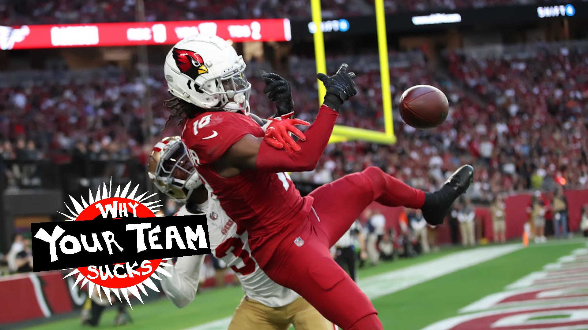 Wide receiver Marvin Harrison Jr. #18 of the Arizona Cardinals attempts to catch a pass in the endzone in the San Francisco 49ers versus the Arizona Cardinals NFL football game at State Farm Stadium on January 5, 2025 in Glendale, Arizona.