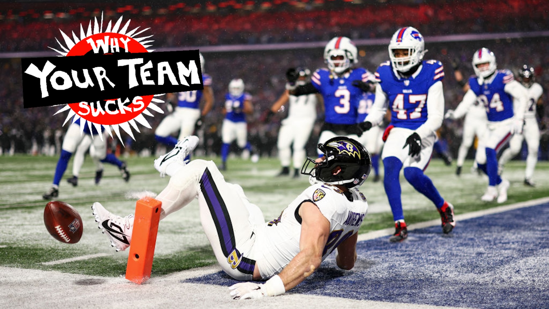 Mark Andrews #89 of the Baltimore Ravens drops a pass on a two-point conversion during the second half of an NFL football divisional playoff game against the Buffalo Bills at Highmark Stadium on January 19, 2025 in Orchard Park, New York.