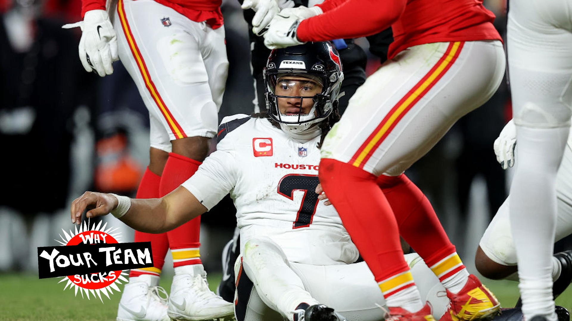 C.J. Stroud #7 of the Houston Texans reacts after being sacked against the Houston Texans during the fourth quarter in the AFC Divisional Playoff at GEHA Field at Arrowhead Stadium on January 18, 2025 in Kansas City, Missouri.