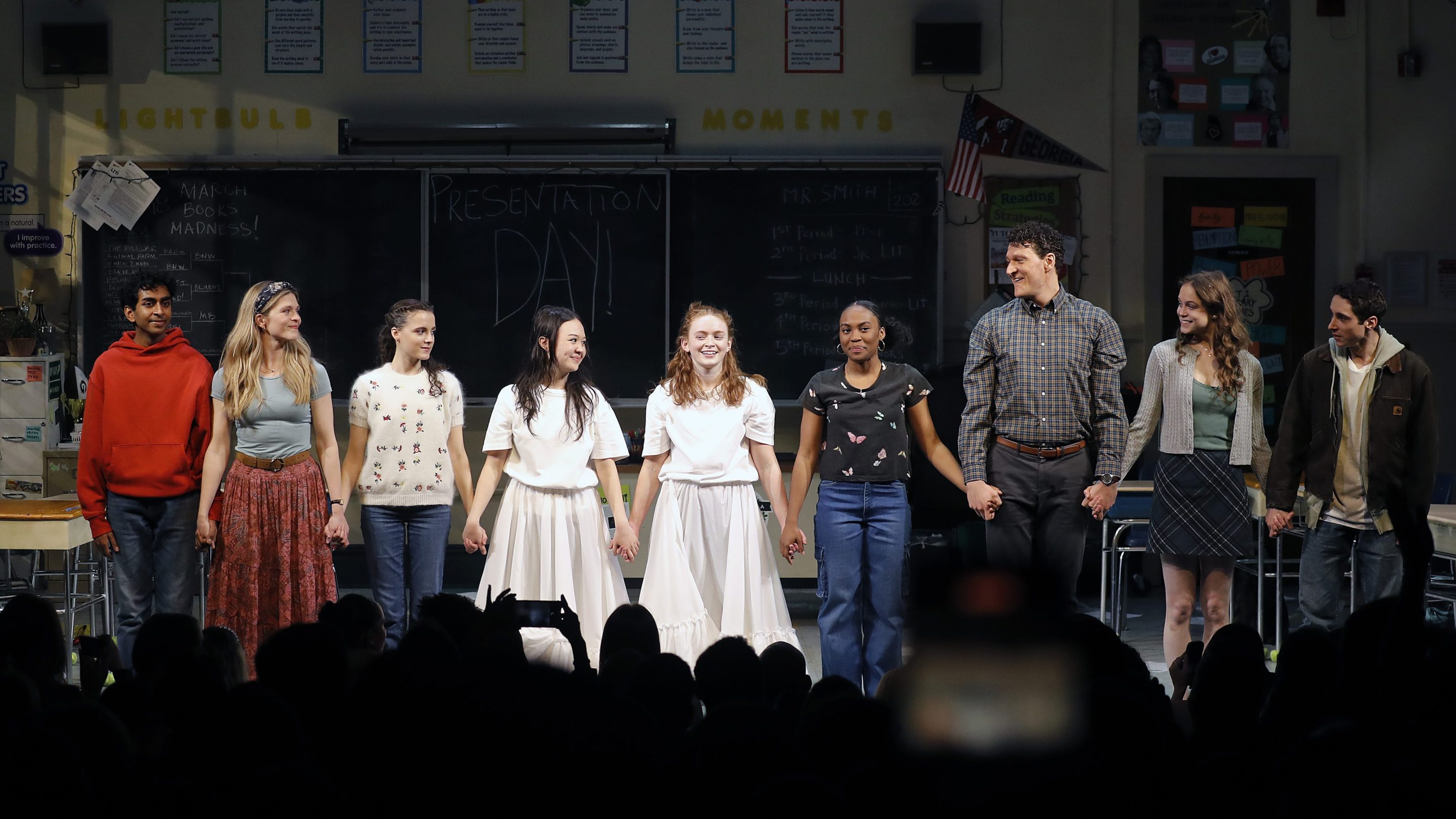 L-R) Nihar Duvvuri, Molly Griggs, Fina Strazza, Amalia Yoo, Sadie Sink, Morgan Scott, Gabriel Ebert, Maggie Kuntz and Noah Pacht take the curtain call during "John Proctor Is The Villain" Broadway opening night at the Booth Theatre on April 14, 2025 in New York City.