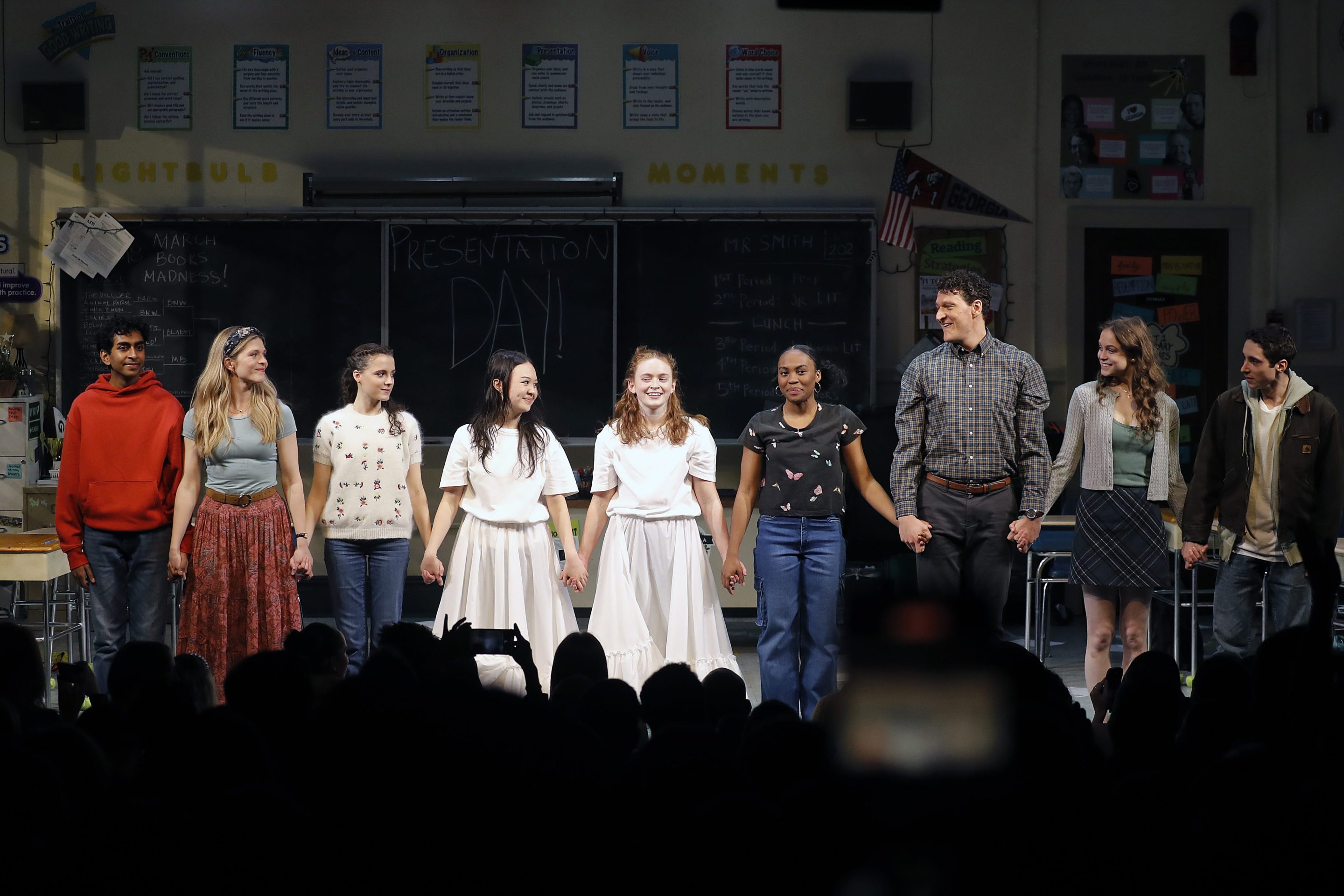 L-R) Nihar Duvvuri, Molly Griggs, Fina Strazza, Amalia Yoo, Sadie Sink, Morgan Scott, Gabriel Ebert, Maggie Kuntz and Noah Pacht take the curtain call during "John Proctor Is The Villain" Broadway opening night at the Booth Theatre on April 14, 2025 in New York City.
