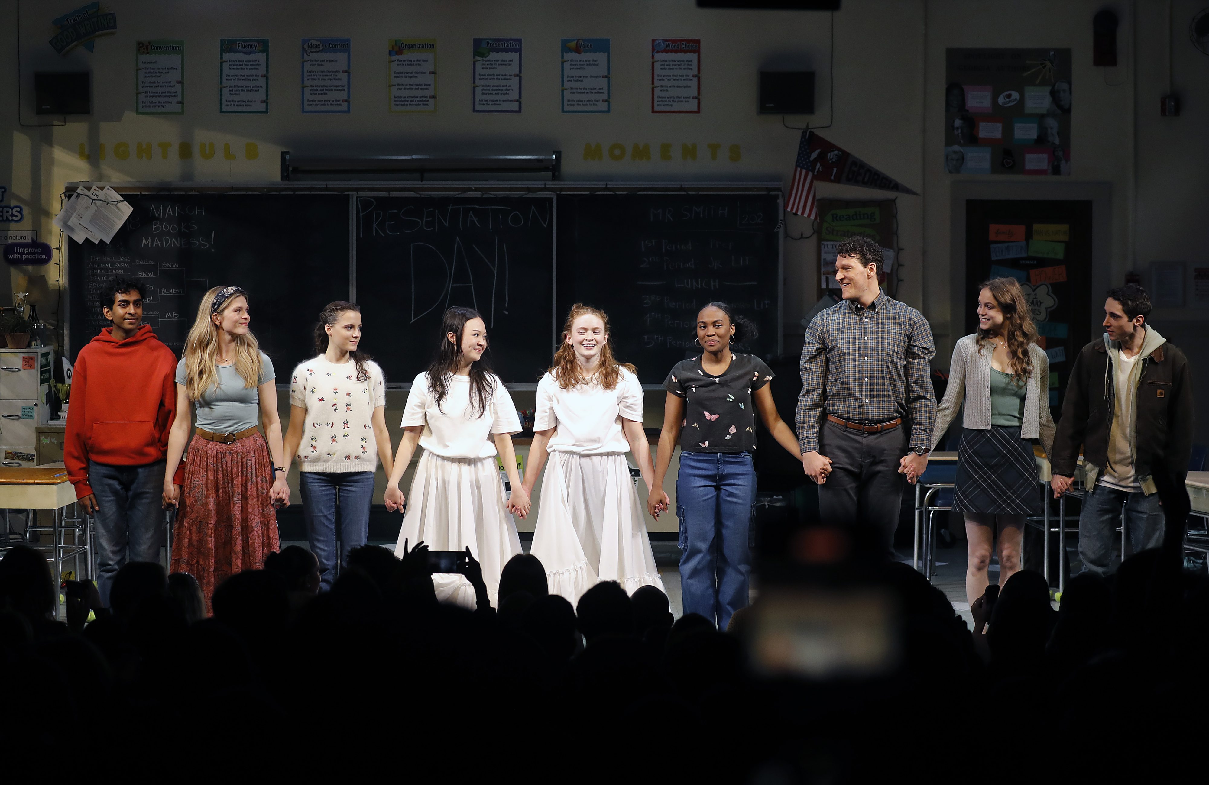 L-R) Nihar Duvvuri, Molly Griggs, Fina Strazza, Amalia Yoo, Sadie Sink, Morgan Scott, Gabriel Ebert, Maggie Kuntz and Noah Pacht take the curtain call during "John Proctor Is The Villain" Broadway opening night at the Booth Theatre on April 14, 2025 in New York City.