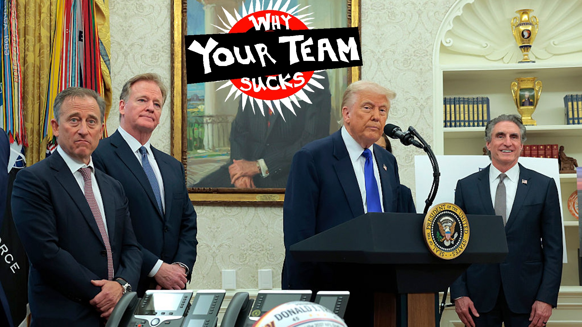 WASHINGTON, DC - MAY 05: U.S. President Donald Trump delivers remarks on the NFL Draft in the Oval Office of the White House on May 05, 2025 in Washington, DC. Joined by, (L-R) Washington Commanders owner Josh Harris, NFL Commissioner Roger Goodell and Interior Secretary Doug Burgum, Trump announced that the 2027 NFL Draft will be held on the National Mall.