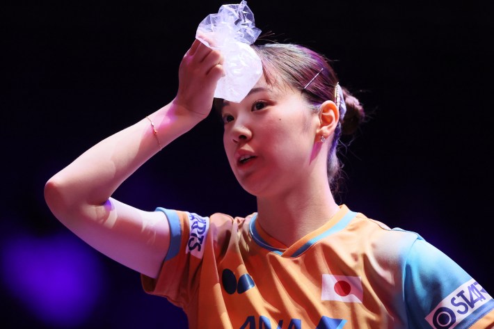 Miyu Nagasaki of Japan reacts in the Women's Singles Round of 64 match against Wang Yidi of China on day 2 of the United States Smash 2025 World Table Tennis at the Orleans Arena on July 7, 2025 in Las Vegas, Nevada.