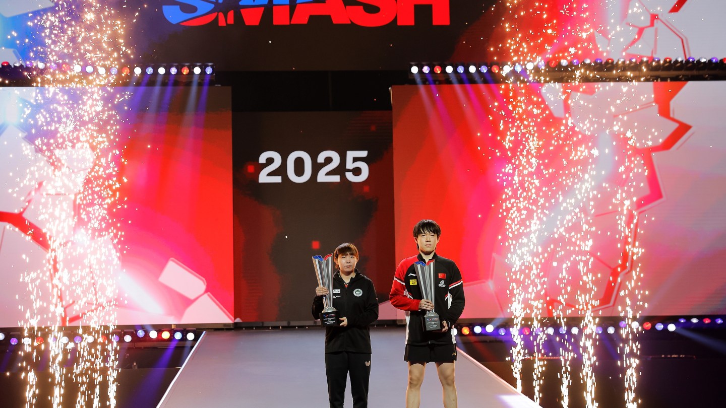 Wang Chuqin R of China, winner for men's singles and Zhu Yuling of China's Macao, winner for women's singles, pose with their trophies during the awarding ceremony after their final match at the WTT United States Smash 2025 in Las Vegas, the United States, July 13, 2025.