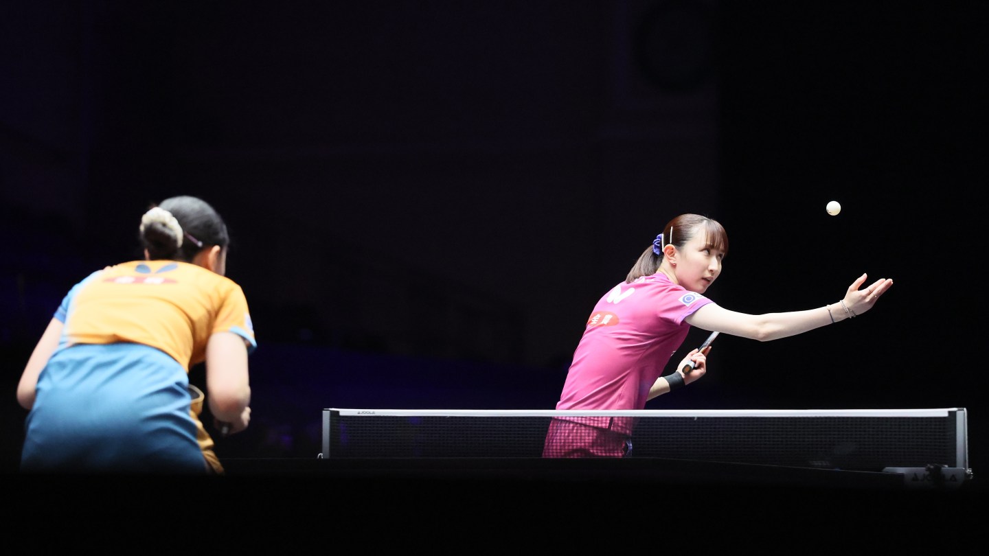Hina Hayata of Japan competes in the Women's Singles Round of 16 match against Miwa Harimoto of Japan on day 5 of the United States Smash 2025 World Table Tennis at the Orleans Arena on July 10, 2025 in Las Vegas, Nevada.