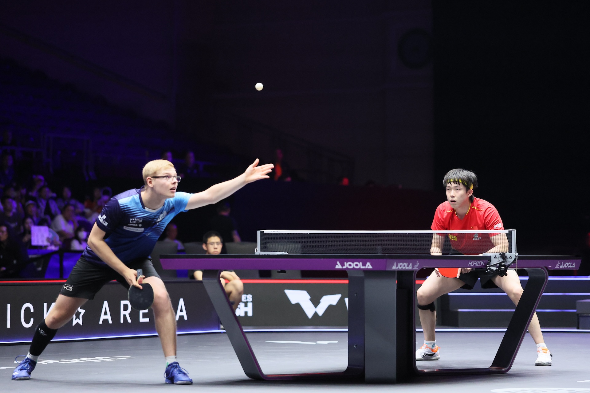 Felix Lebrun of France competes in the Men's Singles Semifinal match against Wang Chuqin of China on day 7 of the United States Smash 2025 World Table Tennis at the Orleans Arena on July 12, 2025 in Las Vegas, Nevada.