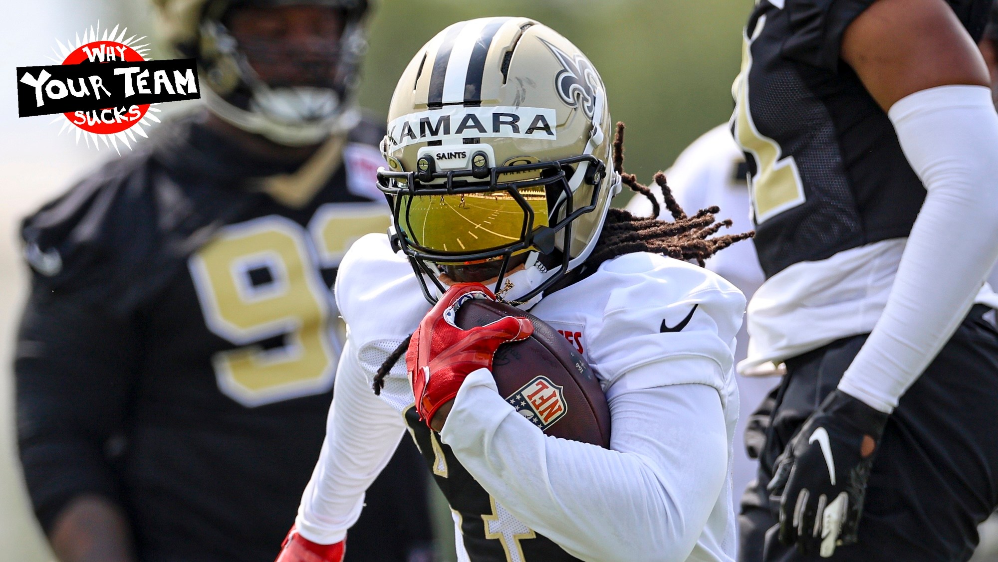 METAIRIE, LOUISIANA - JULY 24: Alvin Kamara #41 of the New Orleans Saints runs during a training camp practice at the Ochsner Sports Performance Center on July 24, 2025 in Metairie, Louisiana. (Photo by Derick E. Hingle/Getty Images)