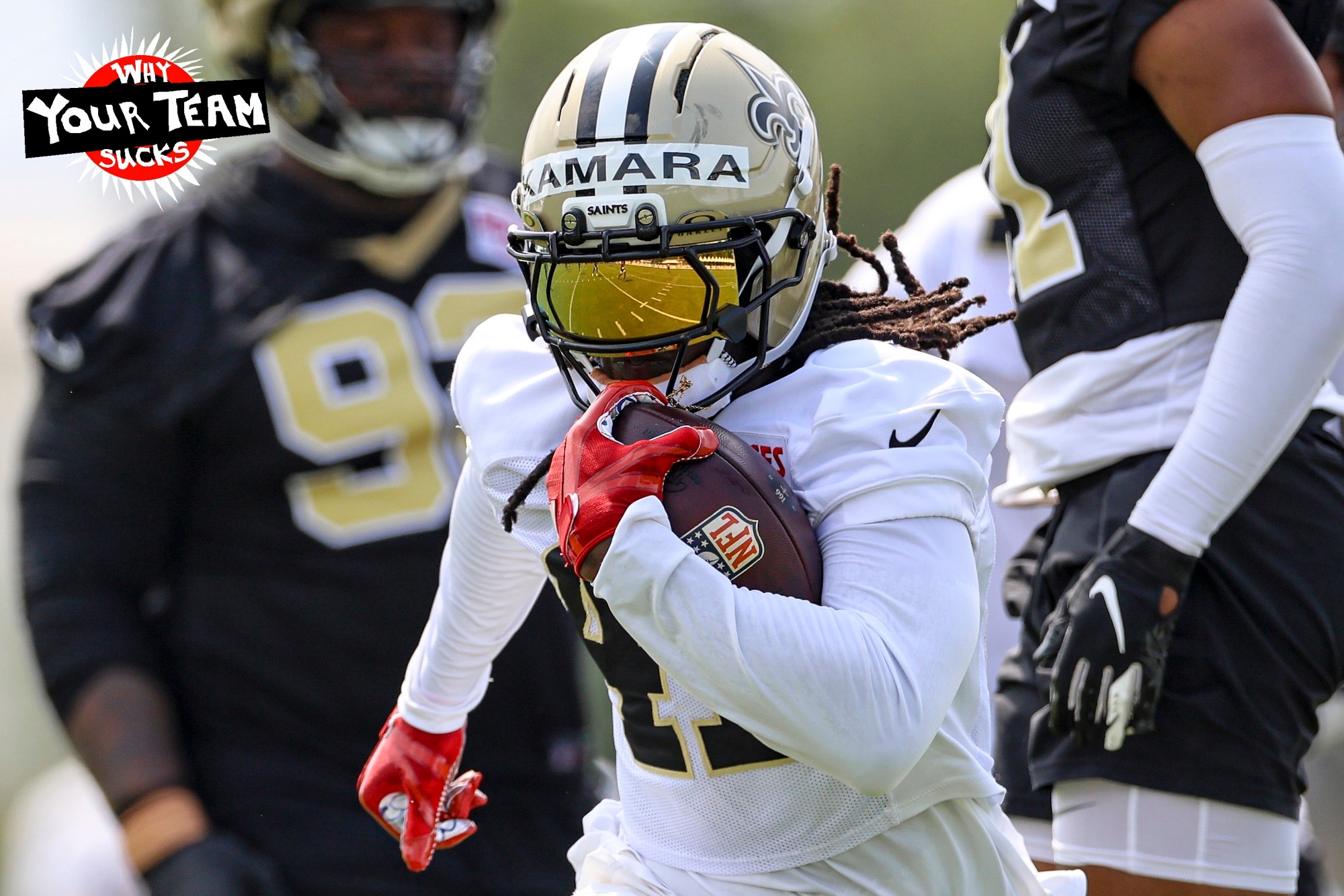 METAIRIE, LOUISIANA - JULY 24: Alvin Kamara #41 of the New Orleans Saints runs during a training camp practice at the Ochsner Sports Performance Center on July 24, 2025 in Metairie, Louisiana. (Photo by Derick E. Hingle/Getty Images)
