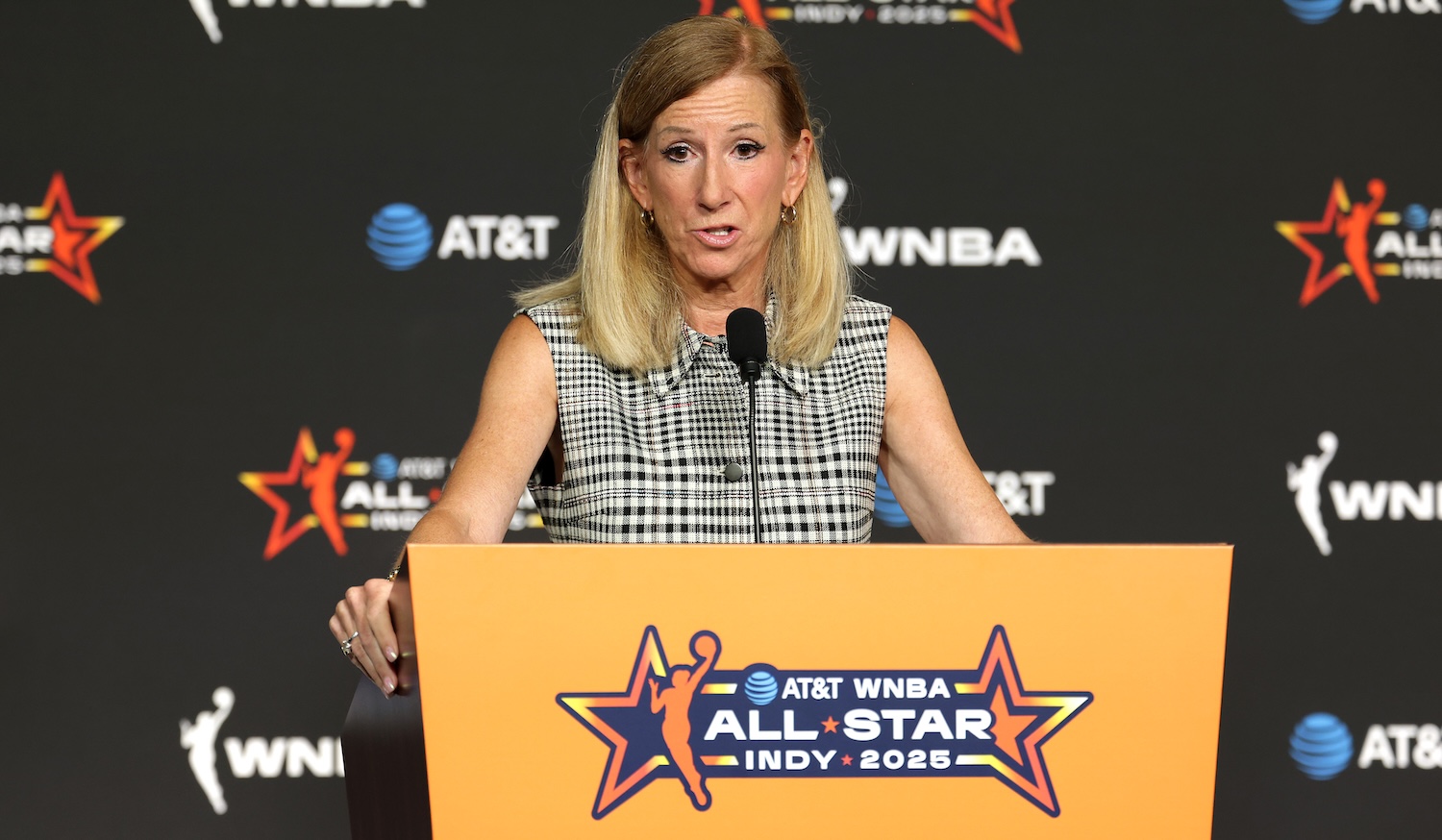 INDIANAPOLIS, INDIANA - JULY 19: WNBA Commissioner Cathy Engelbert speaks to the media prior to the 2025 AT&amp;T WNBA All-Star Game at Gainbridge Fieldhouse on July 19, 2025 in Indianapolis, Indiana. NOTE TO USER: User expressly acknowledges and agrees that, by downloading and or using this photograph, User is consenting to the terms and conditions of the Getty Images License Agreement. (Photo by Michael Hickey/Getty Images)