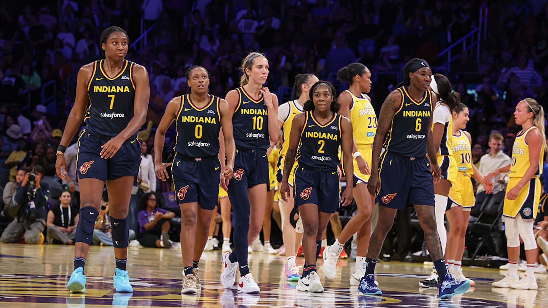 The Indiana Fever down in the second half of the game against The Los Angles Sparks at Crypto.com Arena on Tuesday, Aug. 5, 2025 in Los Angeles, CA.