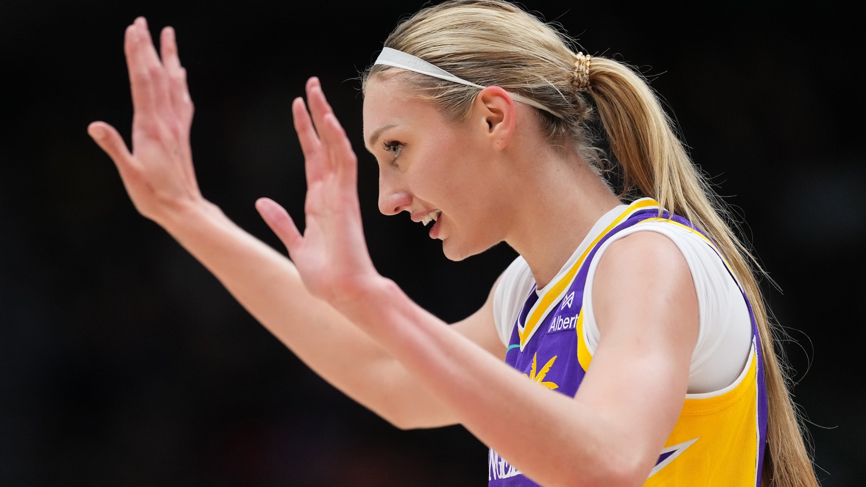 Cameron Brink #22 of the Los Angeles Sparks gestures after a call during the second half against the Seattle Storm at Climate Pledge Arena on August 01, 2025 in Seattle, Washington.