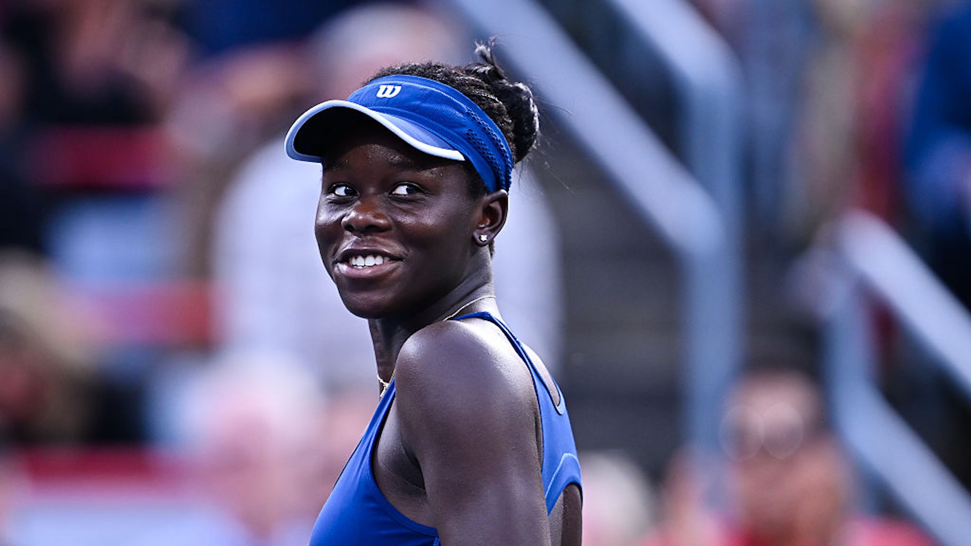 Victoria Mboko of Canada reacts against Naomi Osaka of Japan during the Women's Singles Final match on day twelve of the WTA 1000 National Bank Open at IGA Stadium on August 7, 2025 in Montreal, Quebec, Canada.