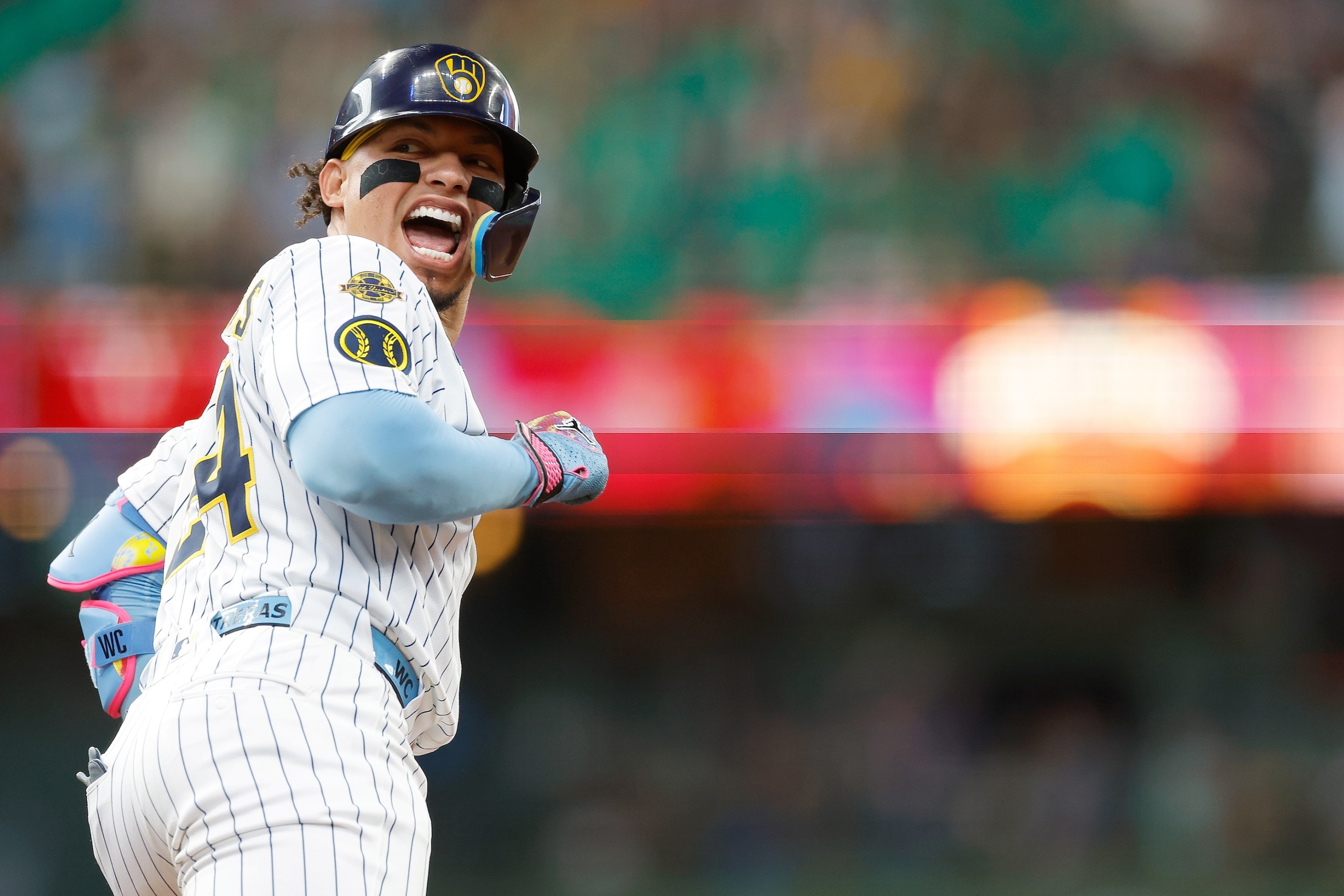 William Contreras of the Milwaukee Brewers rounds first base after hitting a two run homer against the New York Mets at American Family Field on August 10, 2025 in Milwaukee.