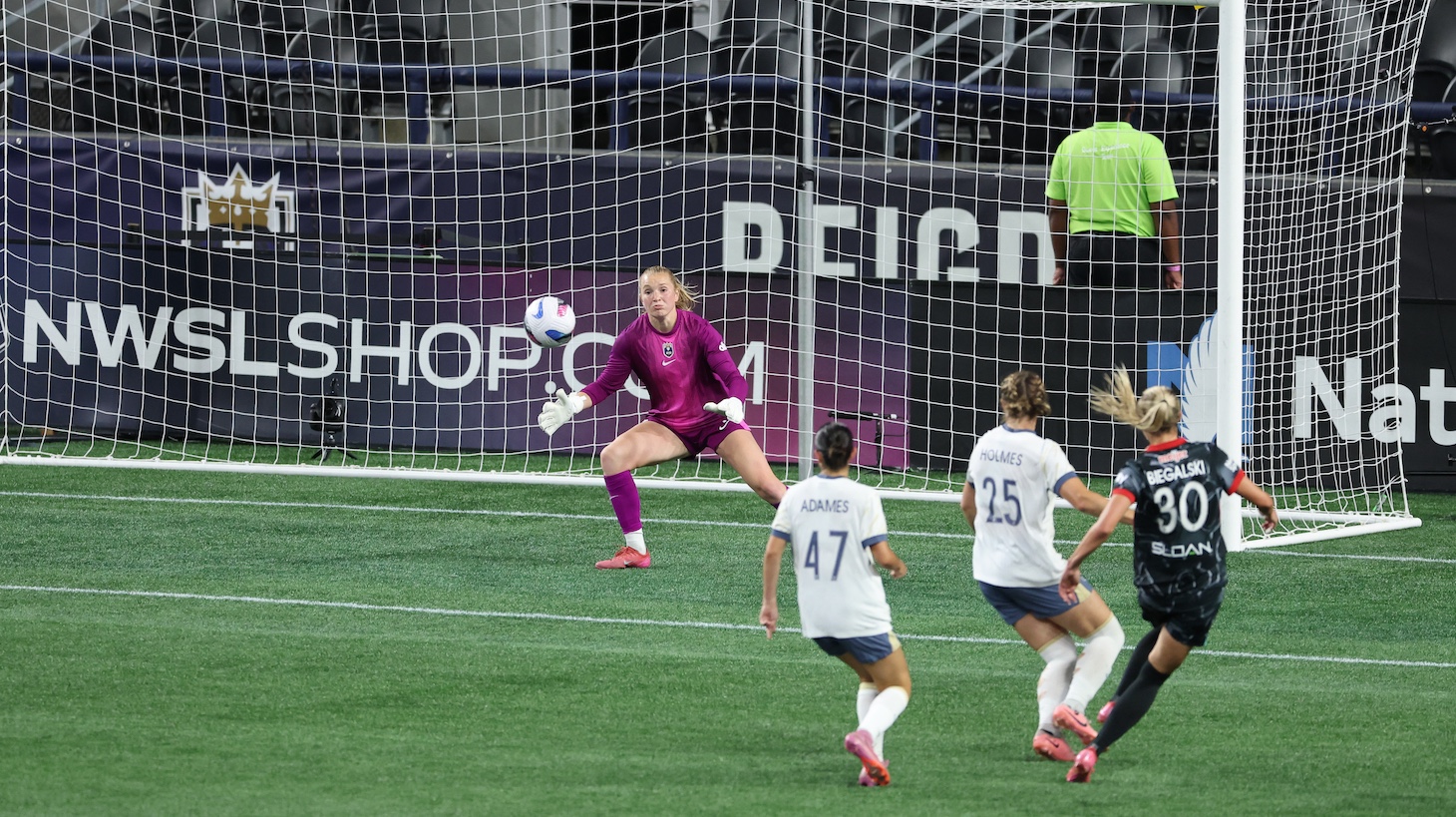 Camryn Biegalski #30 of Chicago Stars shoots to target and scores the team's third goal during the NWSL match between Seattle Reign and Chicago Stars at Lumen Field on August 18, 2025 in Seattle, Washington.