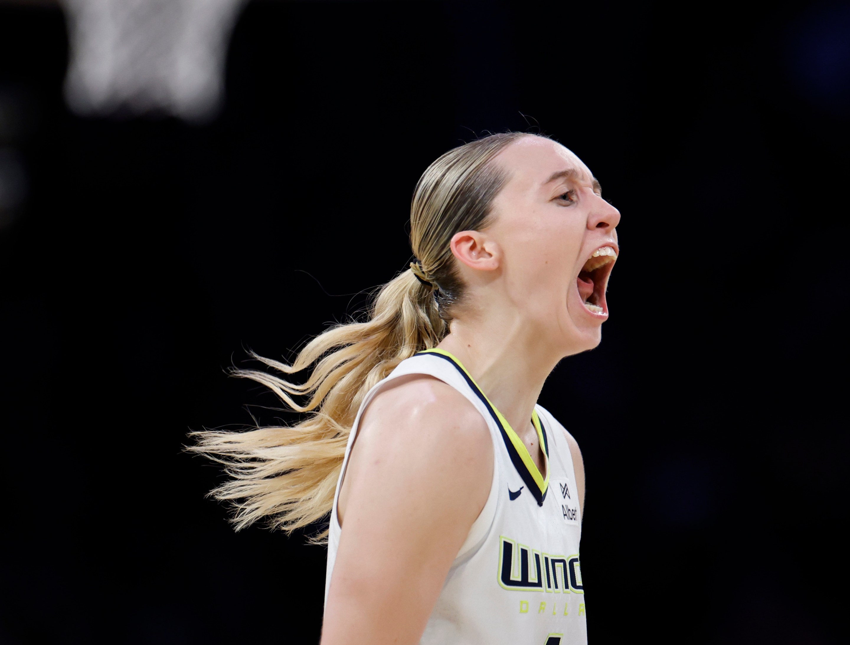 Paige Bueckers #5 of the Dallas Wings celebrates reacts to a Wings three pointer during an 81-80 Los Angeles Sparks win over the Dallas Wings at Crypto.com Arena on August 20, 2025 in Los Angeles, California.