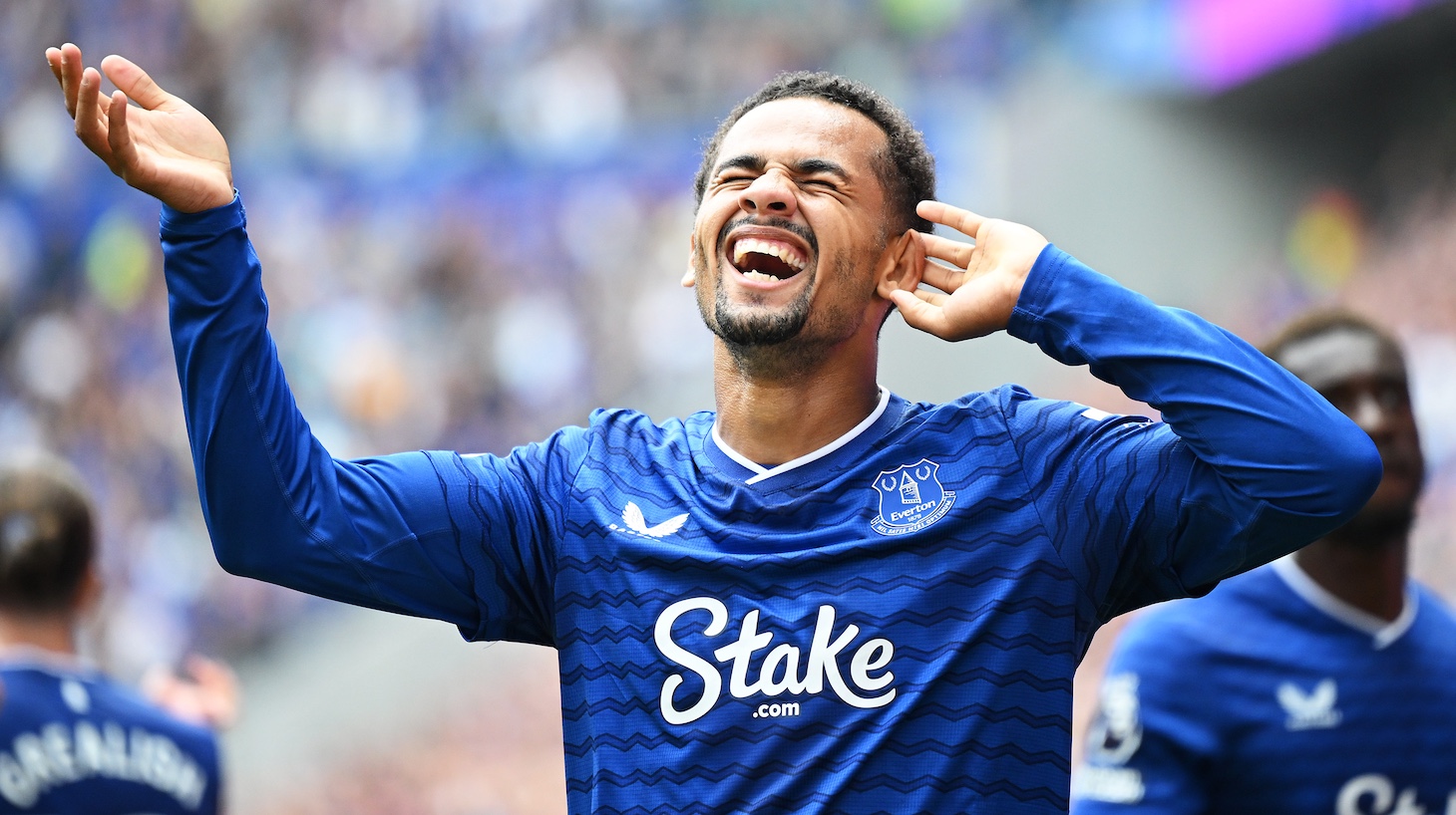 Iliman Ndiaye of Everton celebrates scoring his team's first goal during the Premier League match between Everton and Brighton &amp; Hove Albion at Hill Dickinson Stadium on August 24, 2025 in Liverpool, England.