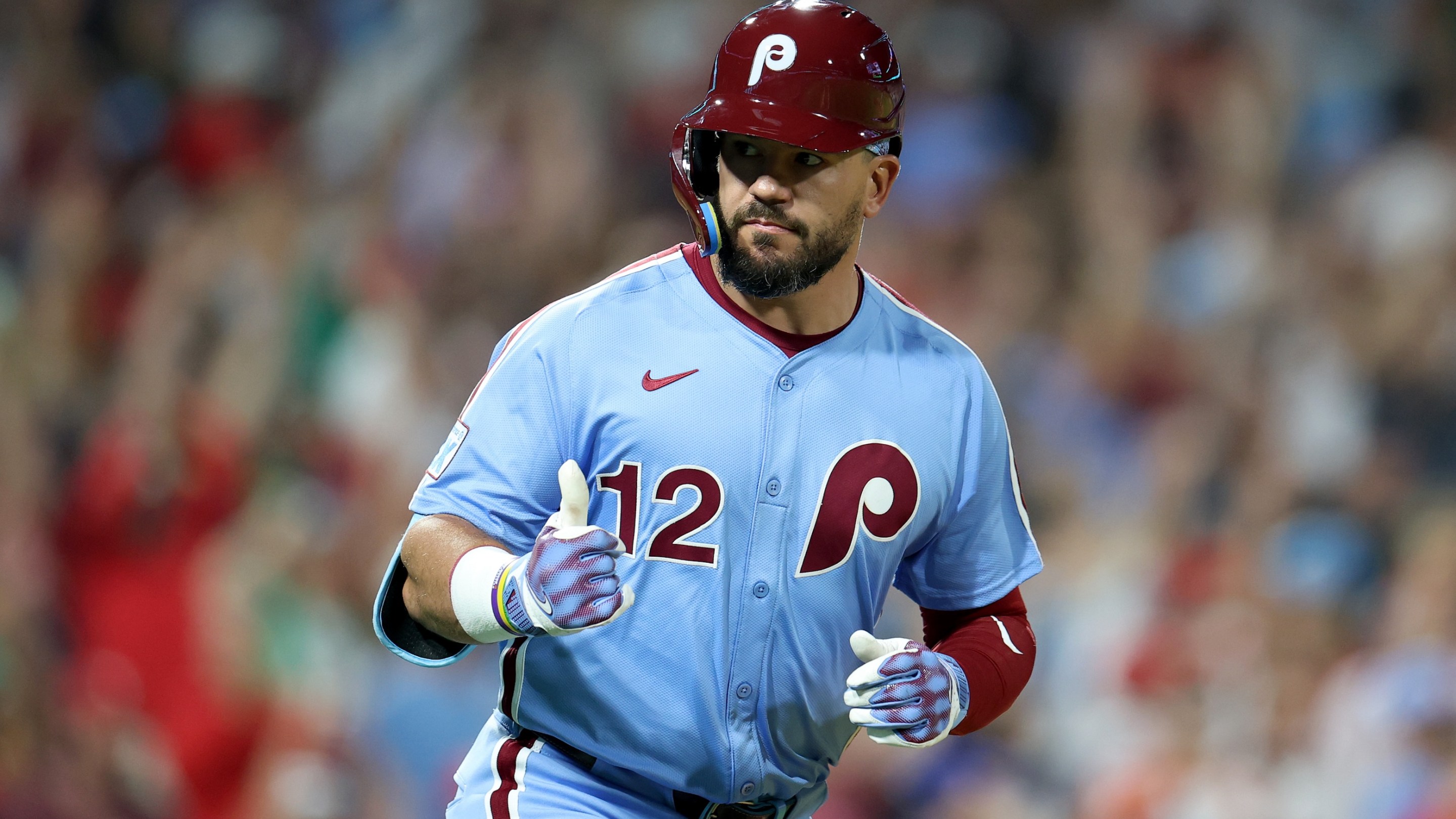 2 of the Philadelphia Phillies celebrates after hitting a three-run home run in the seventh inning against the Atlanta Braves at Citizens Bank Park on August 28, 2025 in Philadelphia, Pennsylvania.
