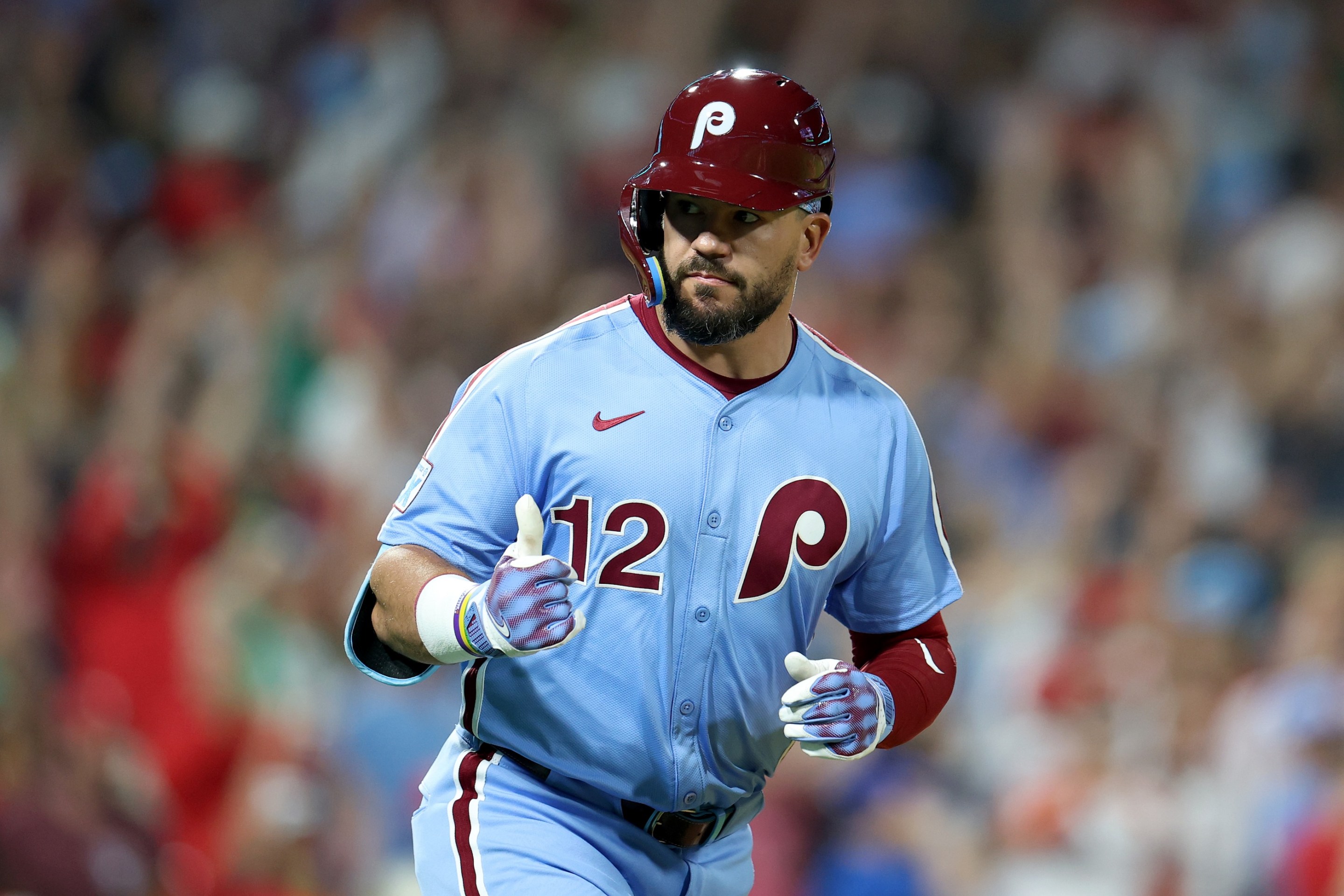 2 of the Philadelphia Phillies celebrates after hitting a three-run home run in the seventh inning against the Atlanta Braves at Citizens Bank Park on August 28, 2025 in Philadelphia, Pennsylvania.