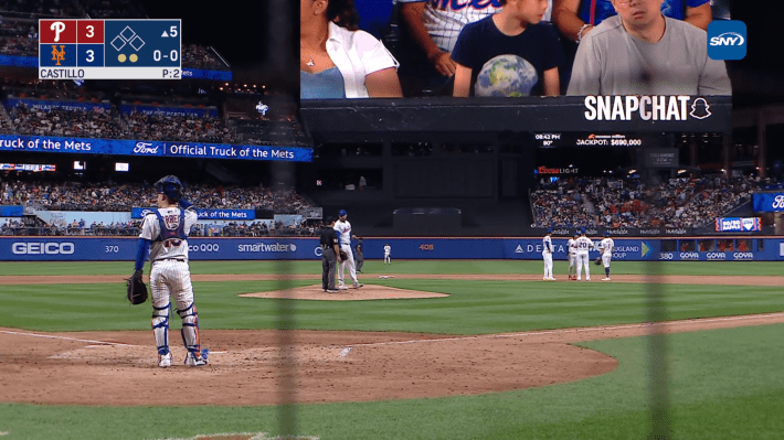 The view from behind home plate at the Mets stadium.