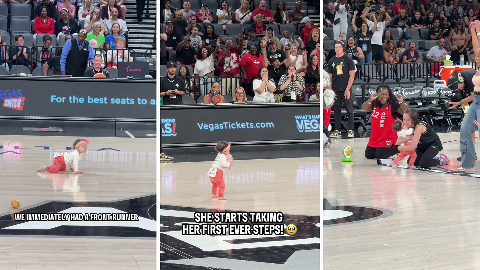 Three images, stills from a baby race on a basketball court at a Las Vegas Aces WNBA game. The first one is the baby, clad in pink, crawling. The second is the baby taking her first steps! The third is the baby hugging her mom as she reaches the finish line walking. The crowd is going wild the whole time.