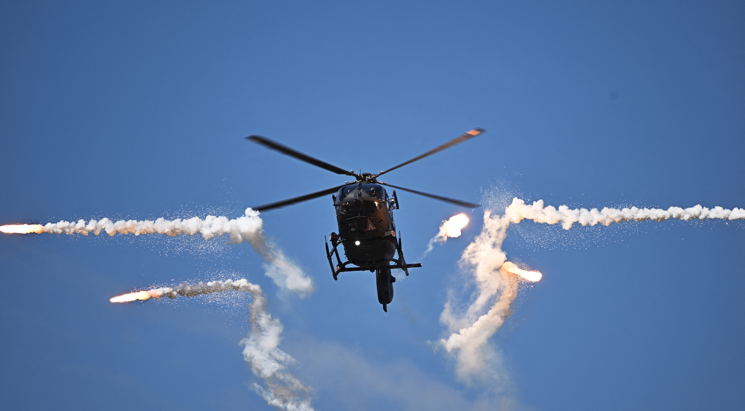 An Airbus Helicopter H145M of the Hungarian Air Force uses an infrared trap over the Danube River in Budapest during an air show as part of the celebrations marking the Hungarian national day on August 20, 2025. Hungary marks the 1,025th anniversary of the foundation of the Hungarian state, established by the first king of Hungary, Stephen I.