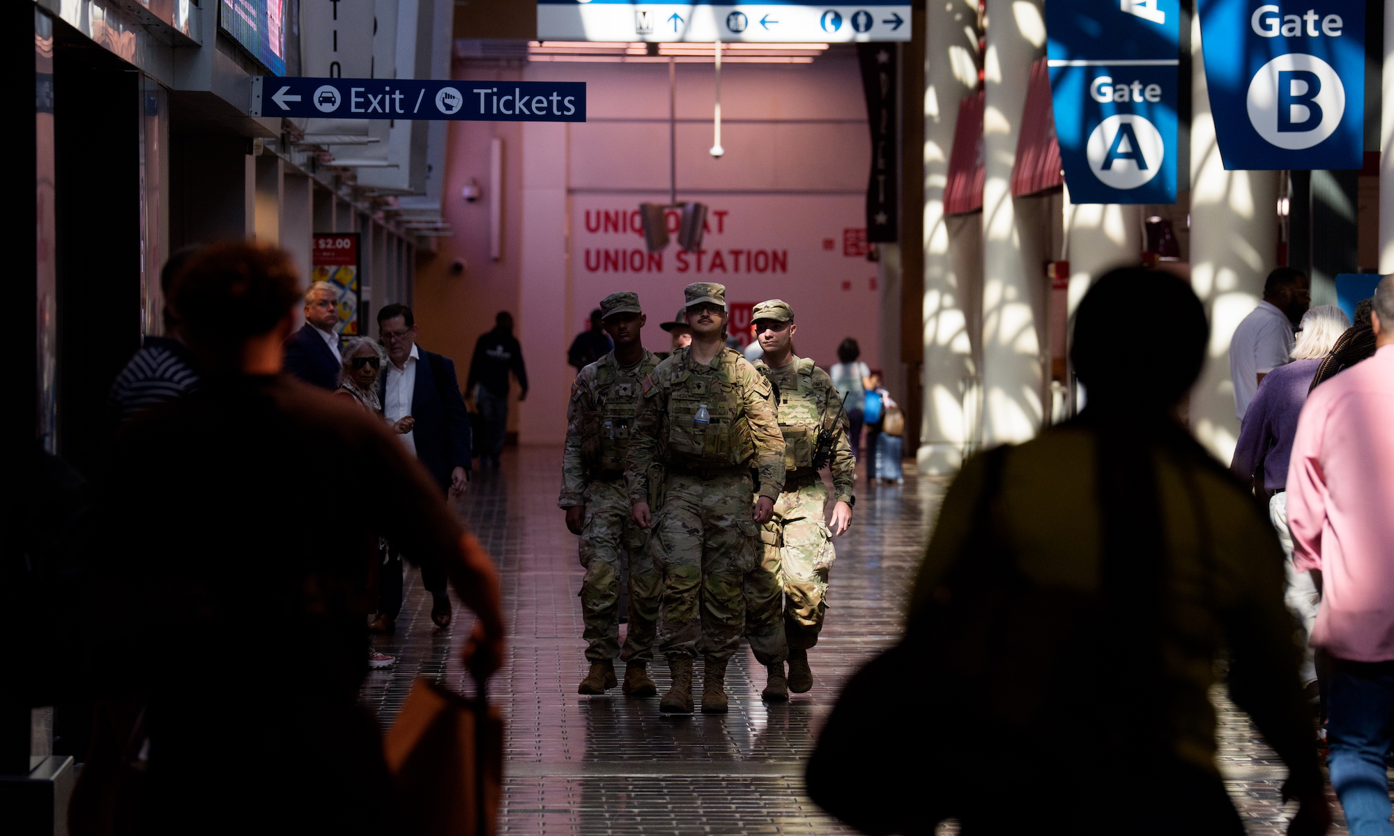 Armed members of the National Guard patrol Union Station on August 27, 2025 in Washington, DC.
