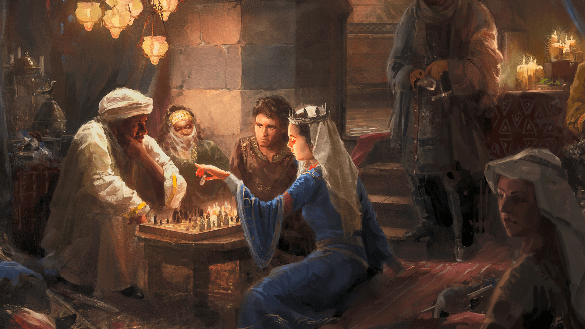 Loading screen from Crusader Kings 3, showing a group of four people crowded around a chess board.