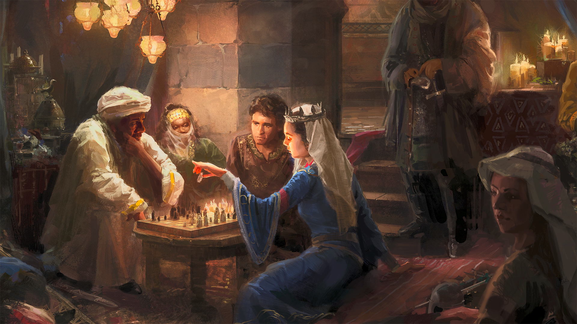 Loading screen from Crusader Kings 3, showing a group of four people crowded around a chess board.