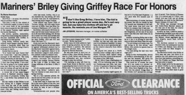 A screenshot of a 1989 Seattle Times story headlined "Mariners' Briley Giving Griffey Race For Honors"