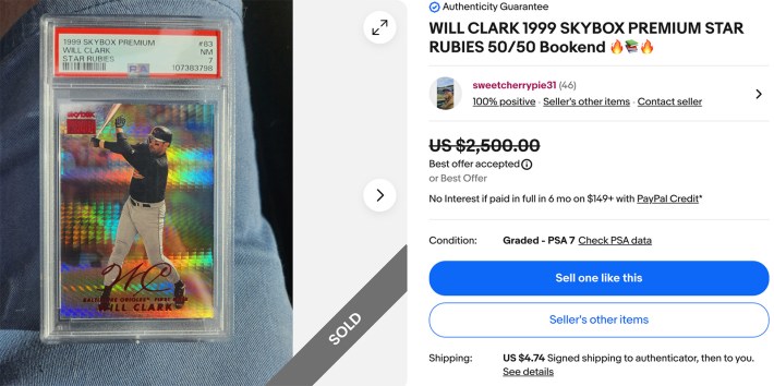 A screenshot of David Garry's eBay listing for a Will Clark 199 Skybox Premium Star Rubies autograph card. The listed price was $2500 but he took the best offer.