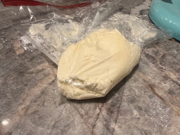 Buttercream in a freezer bag.