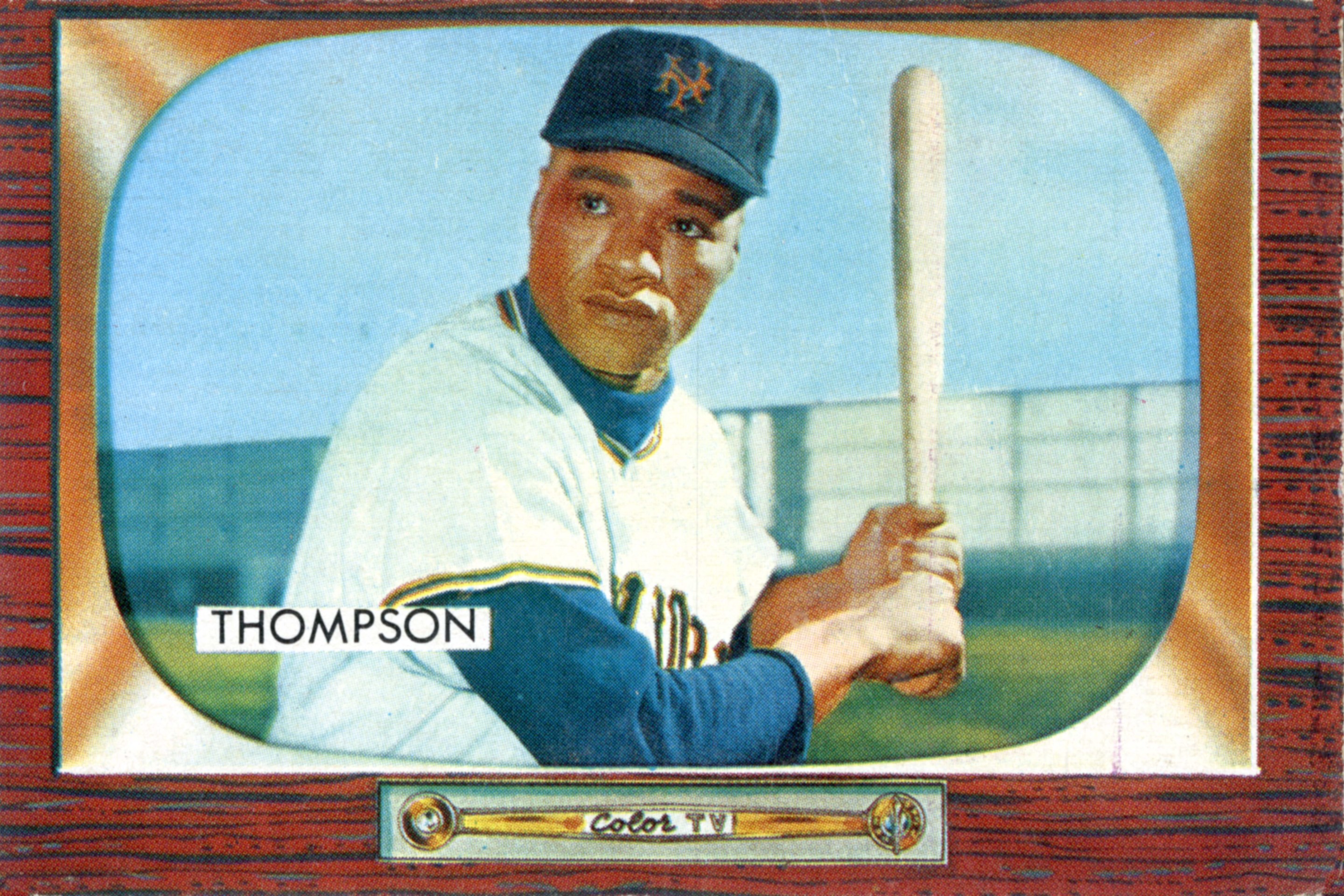Bubblegum card (from the Bowman Gum Company) features baseball player Hank Thompson, of the New York Giants, 1955.