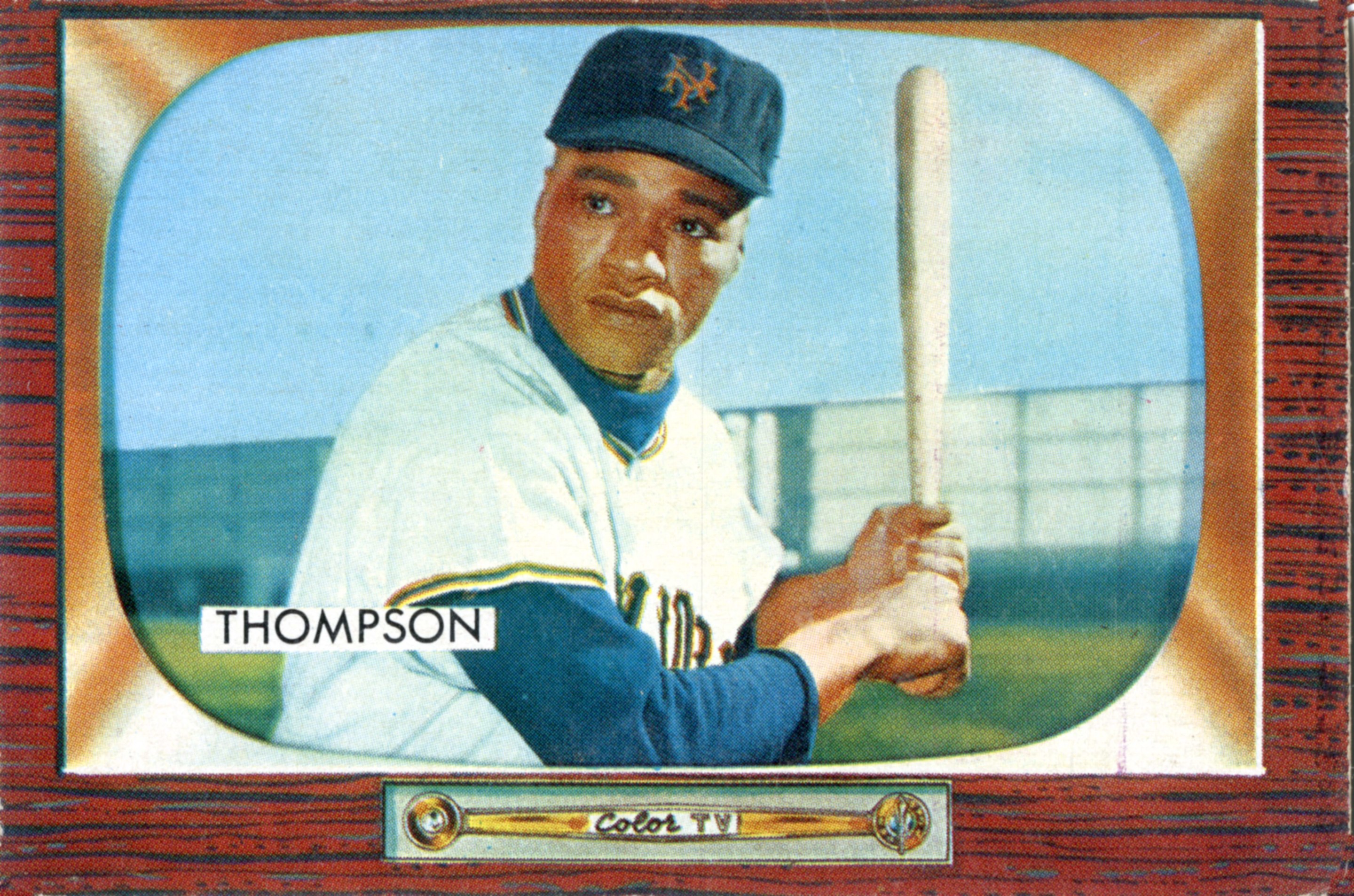 Bubblegum card (from the Bowman Gum Company) features baseball player Hank Thompson, of the New York Giants, 1955.