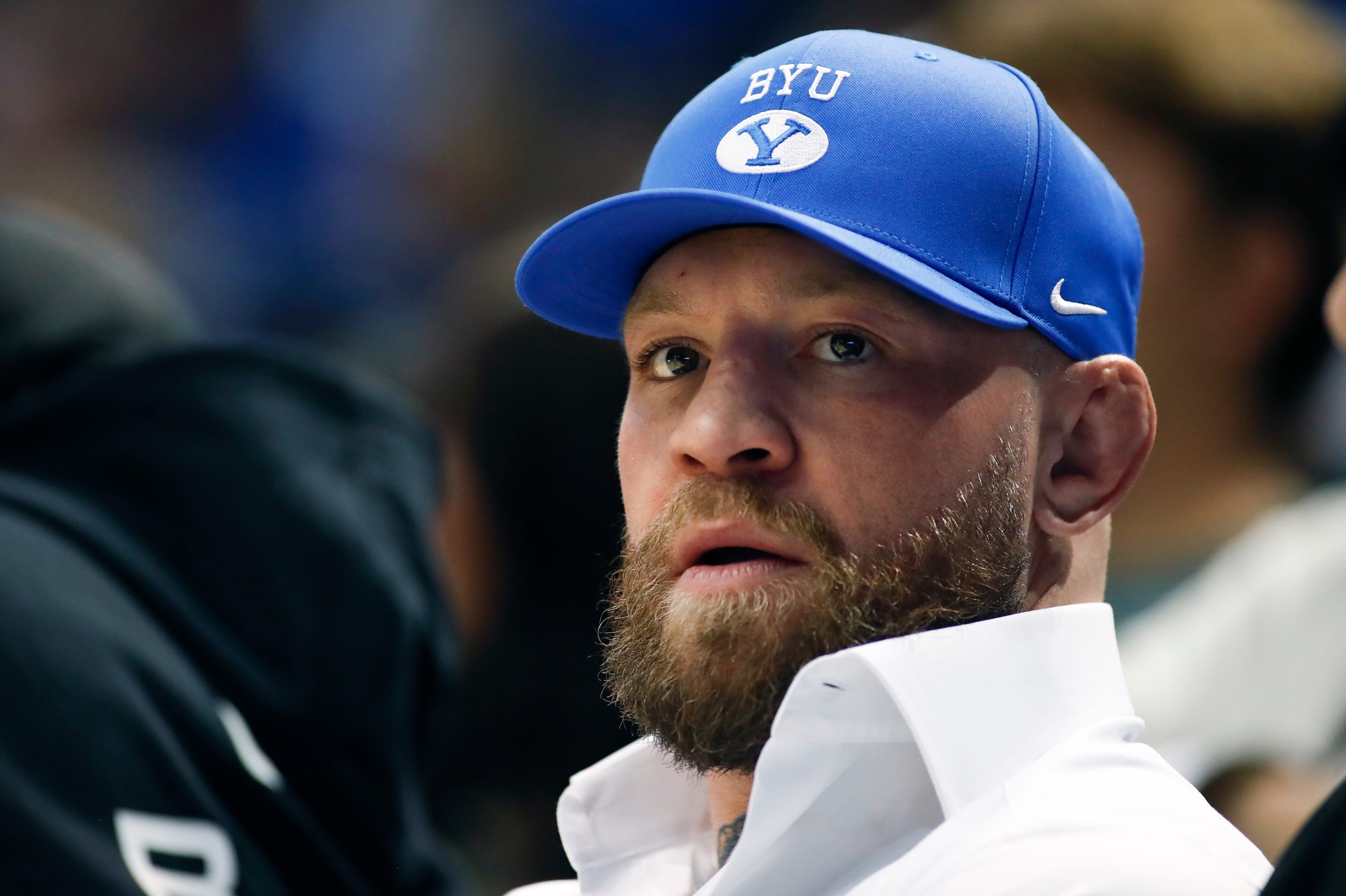 PROVO, UT - JANUARY 28: Boxer Conor McGregor sports a Brigham Young hat during the second half of the Brigham Young Cougars game agaisnt the Baylor Bears at the Marriott Center on January 28, 2025 in Provo, Utah. (Photo by Chris Gardner/Getty Images)