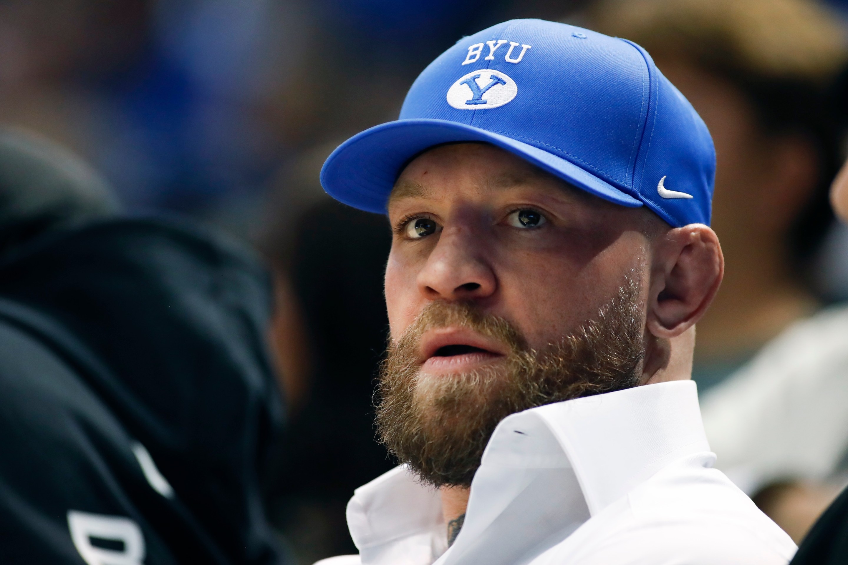 PROVO, UT - JANUARY 28: Boxer Conor McGregor sports a Brigham Young hat during the second half of the Brigham Young Cougars game agaisnt the Baylor Bears at the Marriott Center on January 28, 2025 in Provo, Utah. (Photo by Chris Gardner/Getty Images)