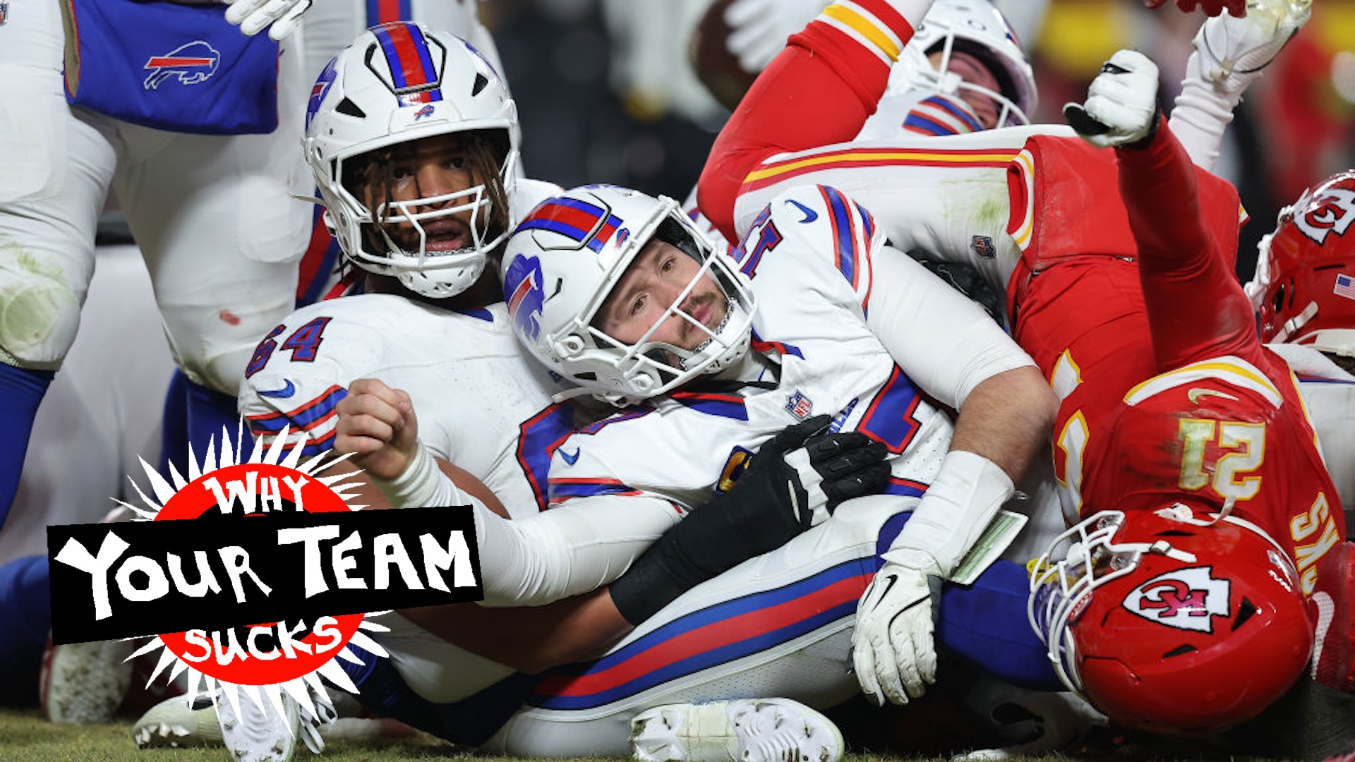 Josh Allen #17 of the Buffalo Bills is unable to cross the goal line during a two-point conversion attempt during the second quarter against the Kansas City Chiefs in the AFC Championship Game at GEHA Field at Arrowhead Stadium on January 26, 2025 in Kansas City, Missouri.