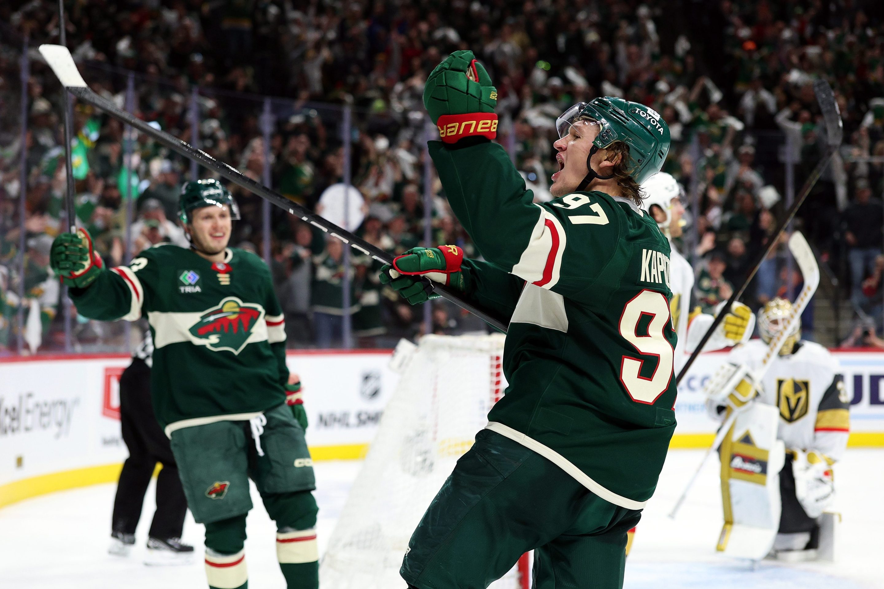 Kirill Kaprizov #97 of the Minnesota Wild celebrates