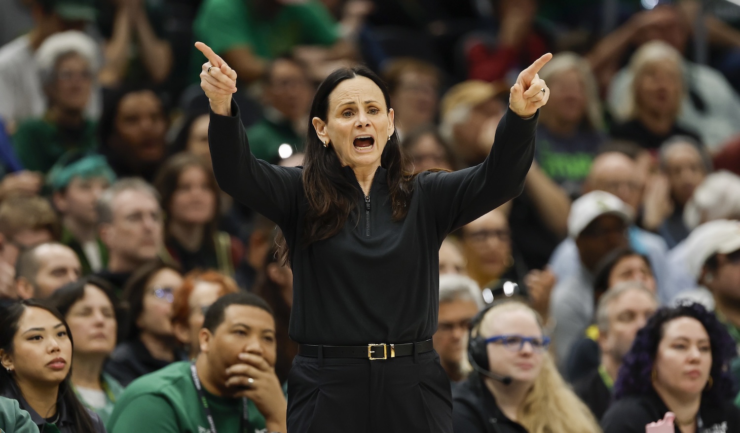 SEATTLE, WASHINGTON - JUNE 22: Head coach Sandy Brondello of the New York Liberty gestures during the first quarter of the game against the Seattle Storm at Climate Pledge Arena on June 22, 2025 in Seattle, Washington. NOTE TO USER: User expressly acknowledges and agrees that, by downloading and or using this photograph, User is consenting to the terms and conditions of the Getty Images License Agreement. (Photo by Alika Jenner/Getty Images)