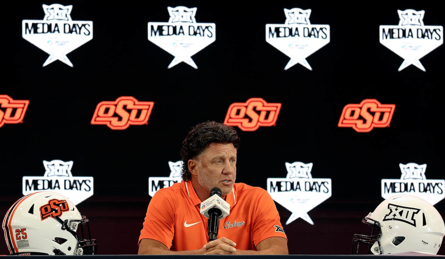 Head coach Mike Gundy of the Oklahoma State Cowboys speaks with the media during the Big 12 Media Days at The Ford Center at The Star on July 09, 2025 in Frisco, Texas.